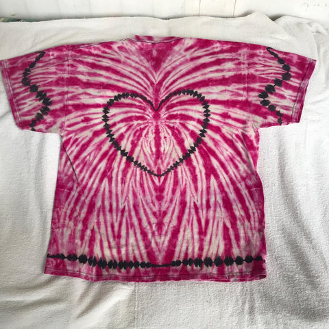 XL Discharged Ribbon and Tie-Dyed Pink Spider Tee with Heart on the back