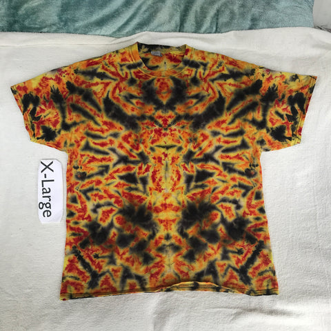 Adult XL Discharged Scrunch Tie-Dye tee in Fire Colors