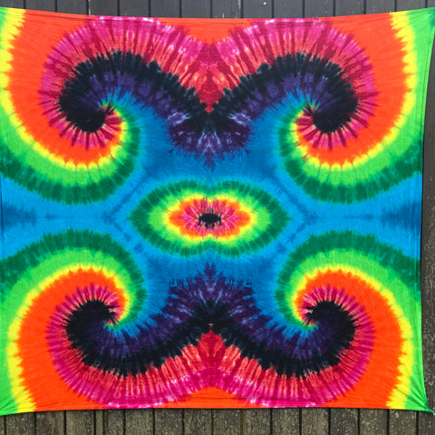 Rainbow Spirals Tie-Dye Tapestry with Cosmic Eye